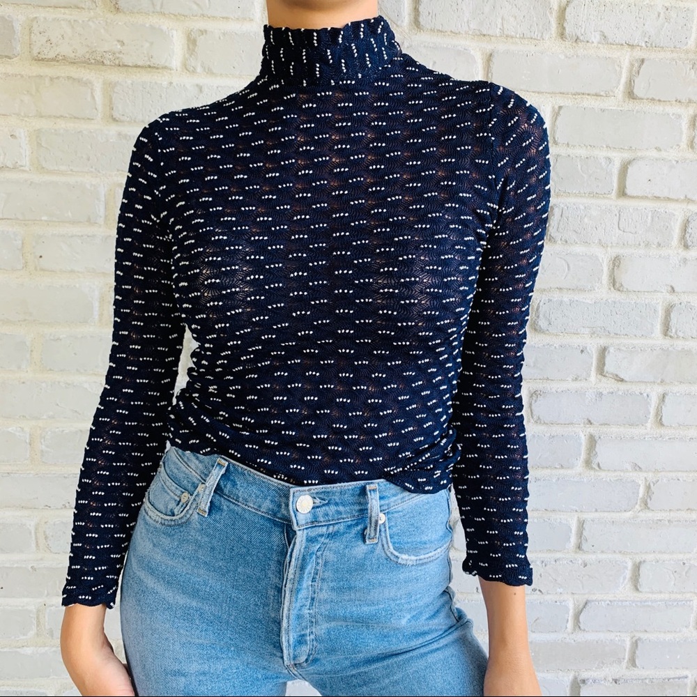Vintage Blue White Polka Dot Turtleneck Zipper XS